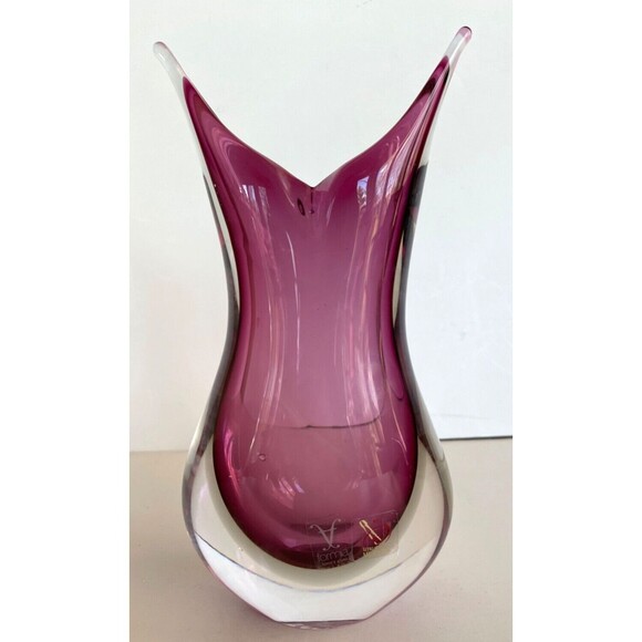 MCM Murano Sommerso Hand Blown Glass Vase 9" Purple Pointed Tips Formia Italy - Picture 2 of 16